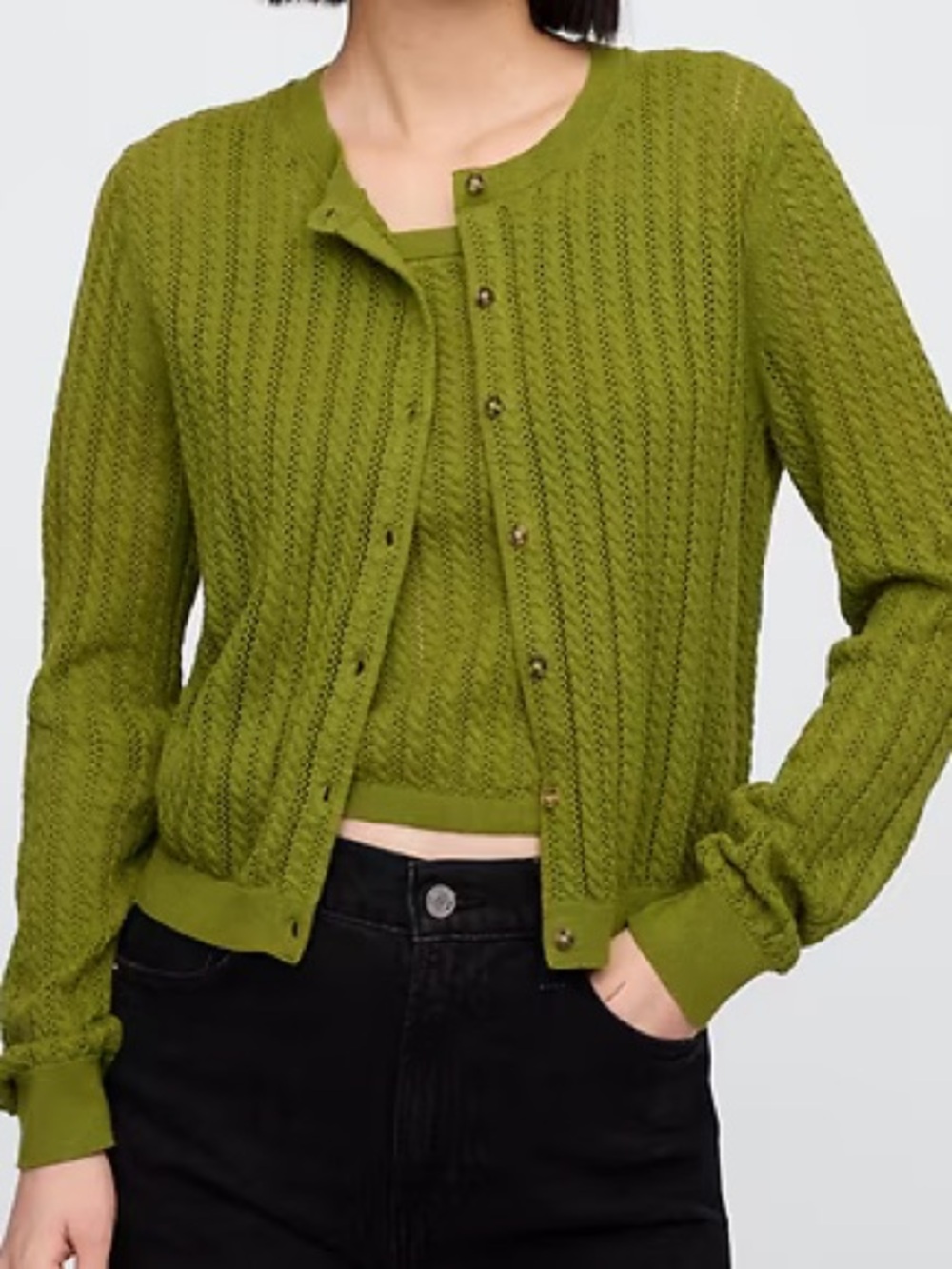 Gap Factory Green Open-Stitch Crewneck Cardigan
